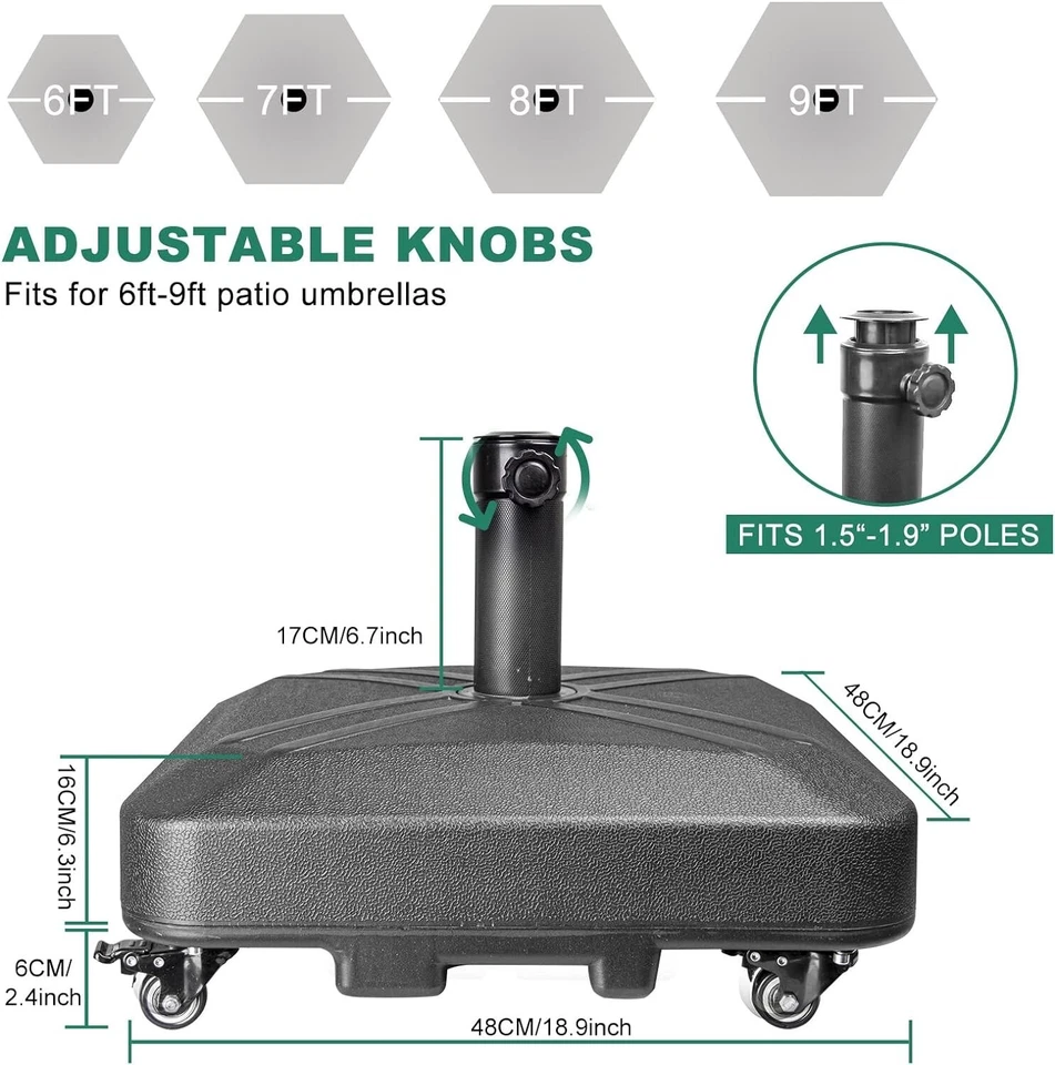 Base paraguas de patio resistente con ruedas soporte cuadrado de mercado 125 lb de capacidad Foto 2 de 4