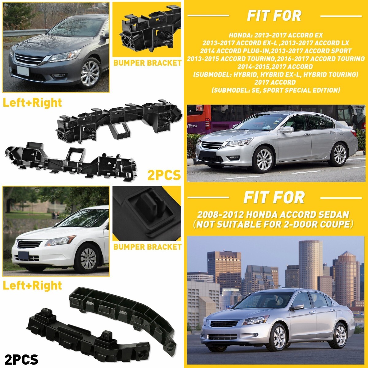 2008-2017 Honda Accord Front Black Plastic Bumper Bracket Set 2Pcs