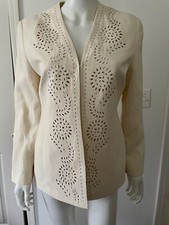 New Vintage Jaeger Silk & Linen Jacket Ivory White Cut Out & Embroidery Sz 6
