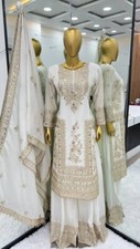 New Pure Chinnon Silk Beautiful White Palazzo Suit With Dupatta For Women