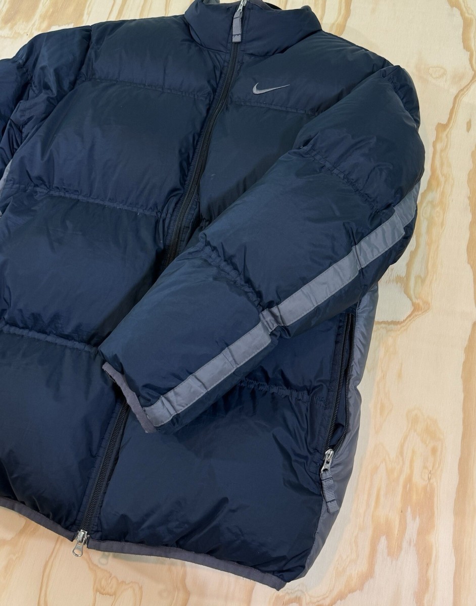 Vtg Nike Puffer Jacket Down Zip Up Y2K Navy Blue Swoosh Mens