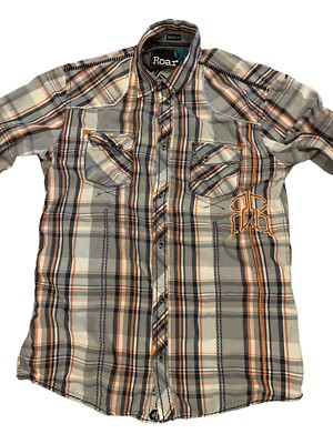 Roar Liberation Embroidered Check Long Sleeve Shirt Embellished Button Up Men L