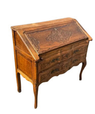 Antique French Louis XV Style Oak Bureau Desk – Carved Rococo Front, 3 Drawers