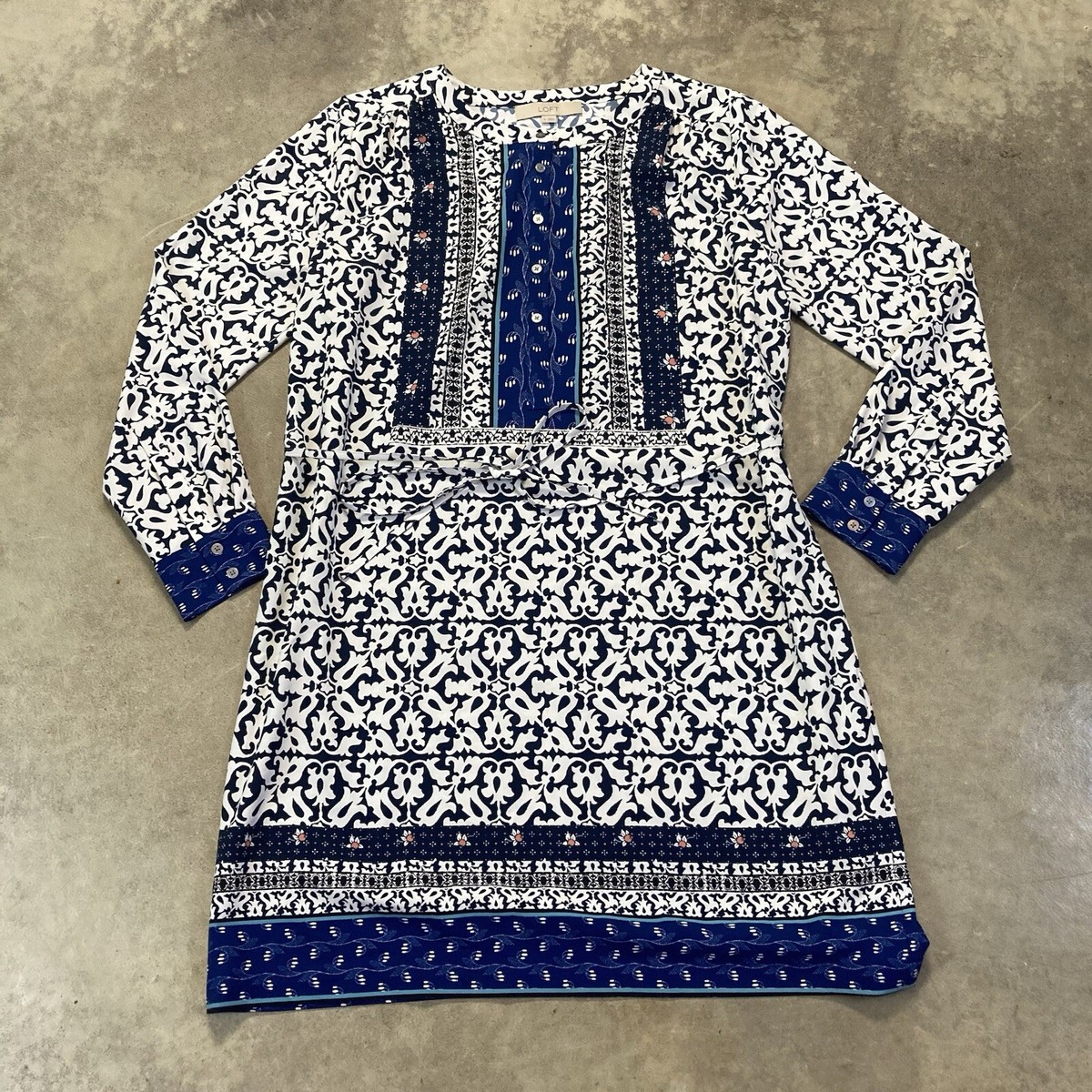 Ann Taylor Loft Long Sleeve Shift Dress Medium Belted Shirt Tunic Blue