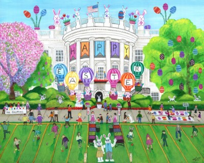 OrIgInAl Acrylic FoLk ART PaInTiNg White House. EaStEr EGG RoLL AmErIcAnA