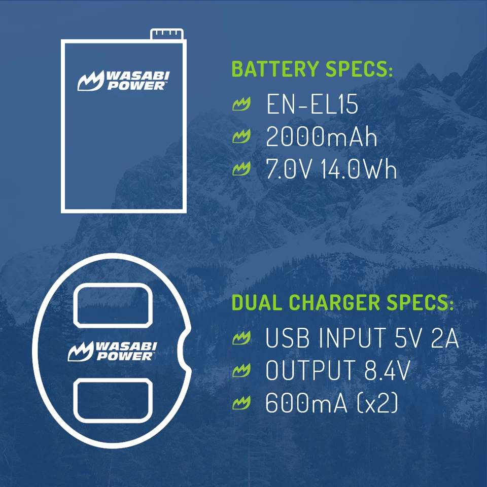 Paquete de 2 baterías Wasabi Power, cargador doble para Nikon EN-EL15a, EN-EL15b, EN-EL15c Foto 3 de 4
