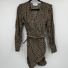 L'Academie Geometric Basketweave Wrap Mini Dress Tan Black XS Long Sleeve Luxe