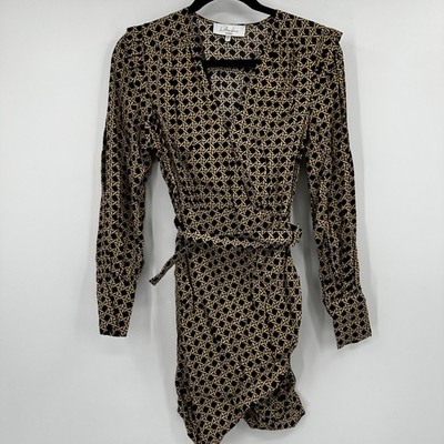 L'Academie Geometric Basketweave Wrap Mini Dress Tan Black XS Long Sleeve Luxe