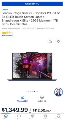 Lenovo Yoga Slim 7x Copilot + PC 14.5  3K OLED Touch-Screen Laptop 32GB 1TB SSD