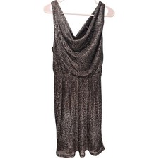 Halston Heritage Silver Metallic Disco Cowl Neck Mini Cocktail Dress Small Glam