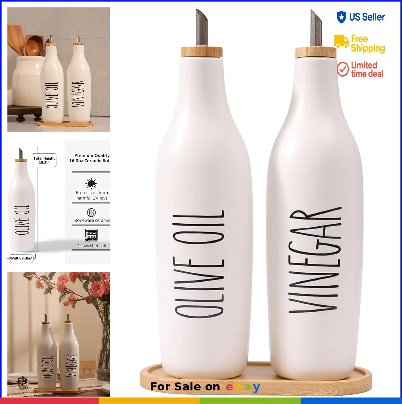 Ceramic Oil and Vinegar Dispenser Set 16oz Bamboo Cap Stainless Spout Kitchen