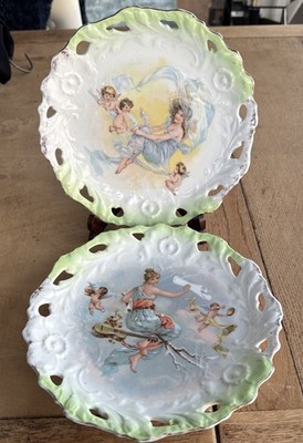 Unmarkierte antike Karlsbader österreichischer Stil Netz Engel & Cherub Teller x2