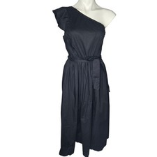 J. Crew Factory One Shoulder Midi Dress Size 6 black belted ruffle NWT cotton