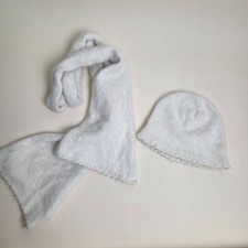 White Angora Blend Knit Beanie Hat & Scarf Set Pearl Trim