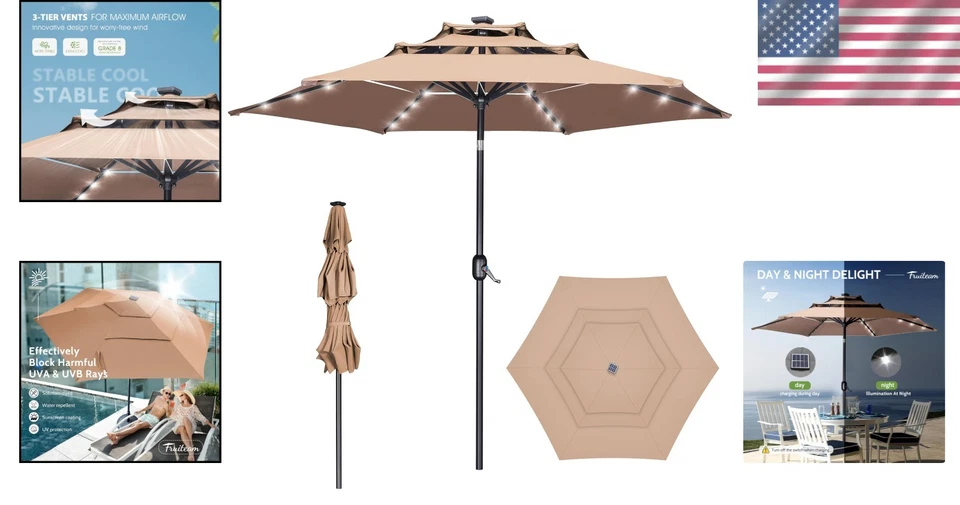 Sombrilla de patio duradera de 9 pies con ventilación y luces LED solares - resistente al óxido Foto 2 de 4