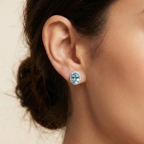 Santa Maria Blue Aquamarine 8.15Ct 925 Sterling Silver Rose Gold Halo Earrings