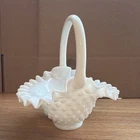 Vintage FENTON Milk Glass Hobnail Handled Basket Ruffled Crimped Edge Candy Dish