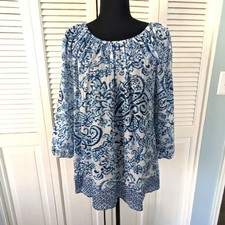 CHAPS Top Women's sz M Blue White Boho Lightweight Paisley Tunic Elastic Flowy 