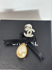 CHANEL Pearl Logo Brooch Silver Black Pearl Drop Authentic Ready to Use
