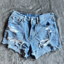 Levi s 501 Distressed Cutoff Button Fly Shorts W28 Light Blue Denim Frayed Hem