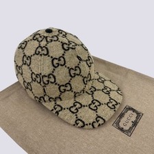 Gucci GG Monogram Covered Wool Baseball Cap Hat Beige Ebony Size M