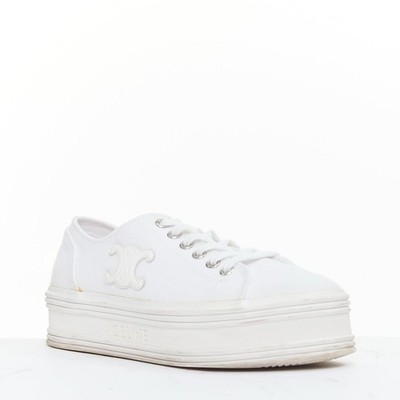 CELINE Jane Low optic white canvas leather triomphe logo platform