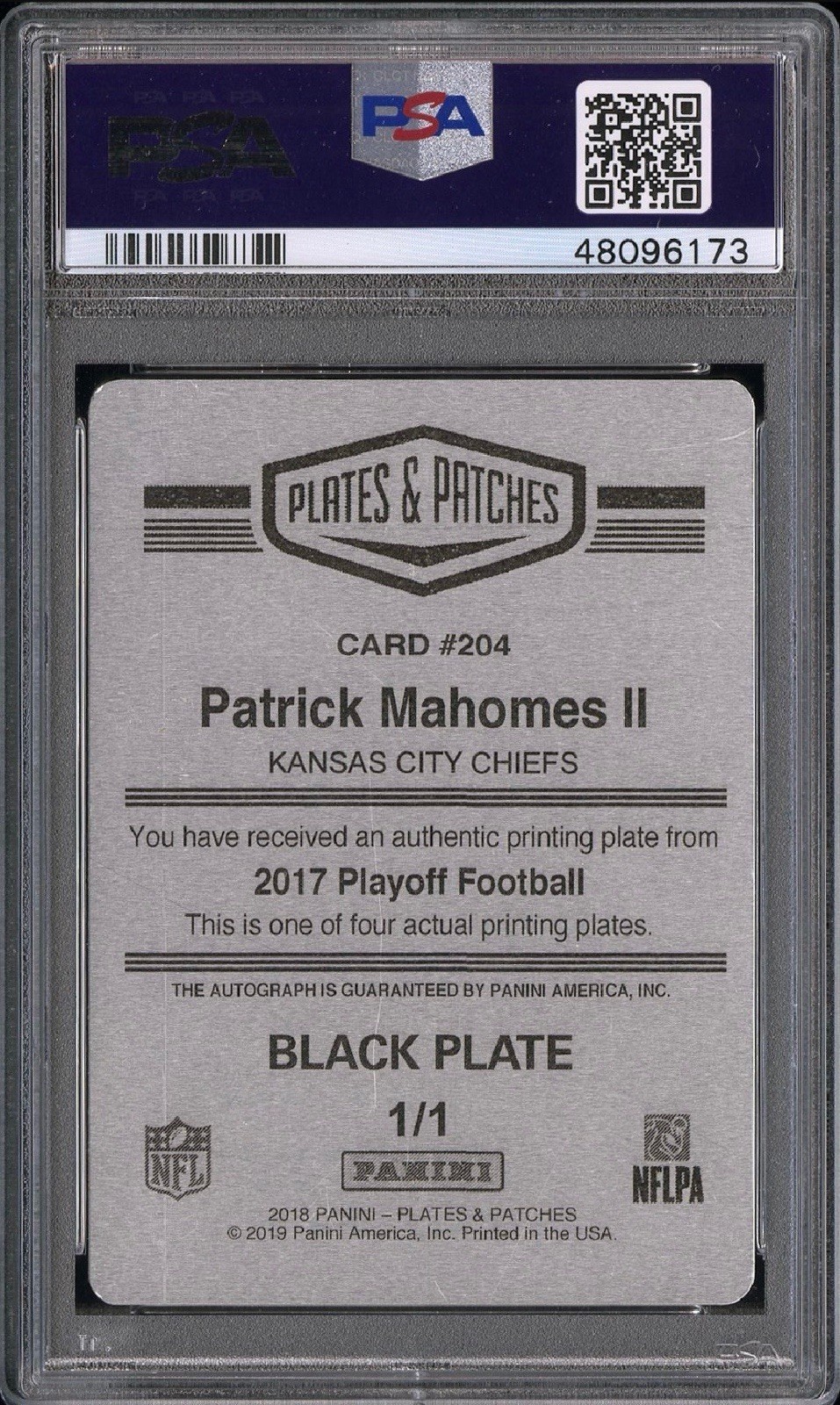 2018 Playoff Patrick Mahomes Rookie Printing Plate Auto 1/1 PSA/DNA Auto 10 view 2