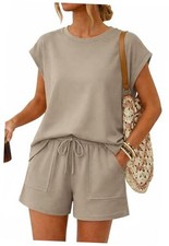 Womens Two Piece Crew Neck Short Sets Cap Sleeve Drawstring Medium Khaki