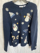  Croft  Barrow Snowman Button Cardigan Sweater Size L Christmas Holiday