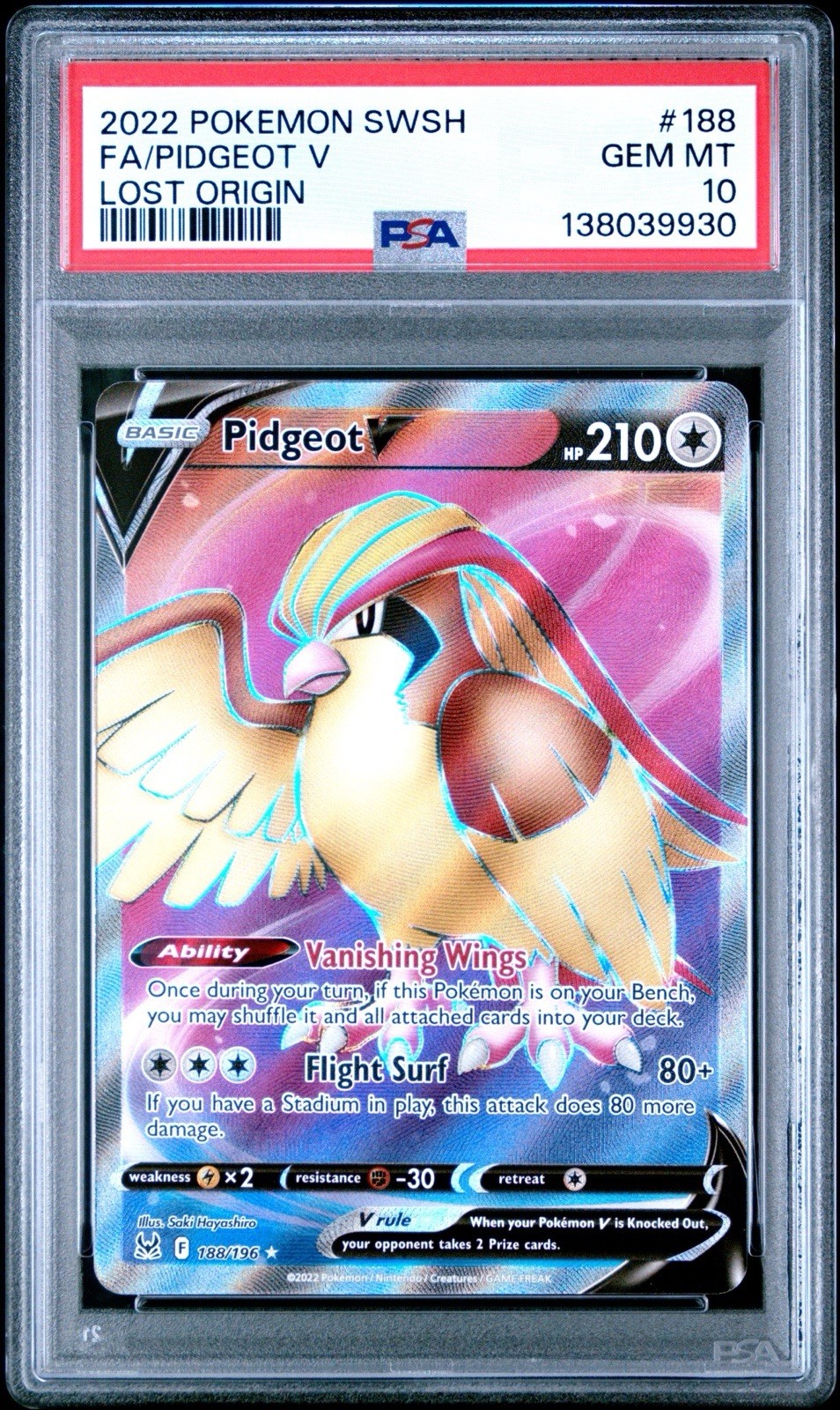 Pidgeot V 188/196 Pokemon Lost Origin PSA 10
