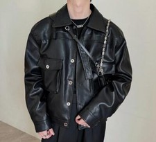 Men's Autumn Fashion Lapel Long Sleeve Loose Faux Leather Jackets Youth Coats