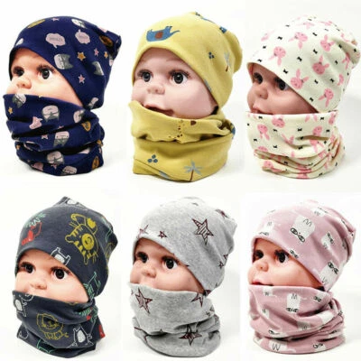 Baby Cotton Beanie Hat Collar Scarf Set Kids Boys Girls Autumn Winter Warm Caps