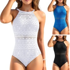 Women's One-Piece Swimming Costume Tummy Control Crochet High Neck