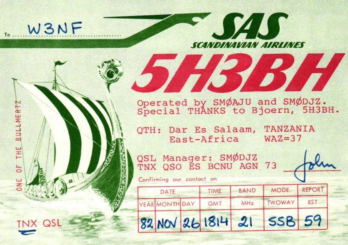 Scandinavian Airlines Tanzania Africa 5H3BH QSL Radio Card