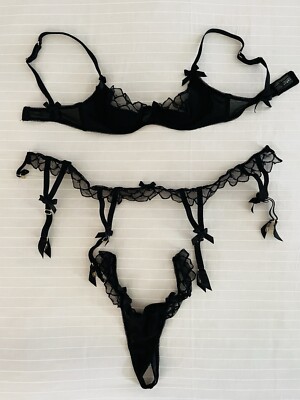 MYLA LONDON - Sexy Lingerie Set Bra Panties & Suspenders 32A Size 6/8 Black  Lace
