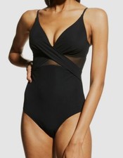  169 Jets Women's Black Crossover Mesh-Panel One-Piece Swimsuit Size AU 10 US 6