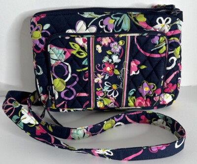 Vera Bradley Sm. Crossbody Bag Purse Card Holder Navy/ Purple Ribbons Patrn READ