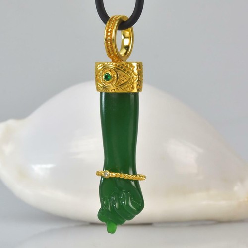 Gold Vermeil Sterling Mano Fico Figa Anhänger Chalzedon Smaragd Diamant 11.70 G - Bild 8 von 11