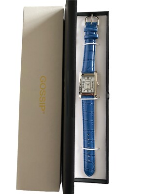 Gossip Wristwatch Blue Genuine Leather Band Rectangular Face Silver Tone NEW