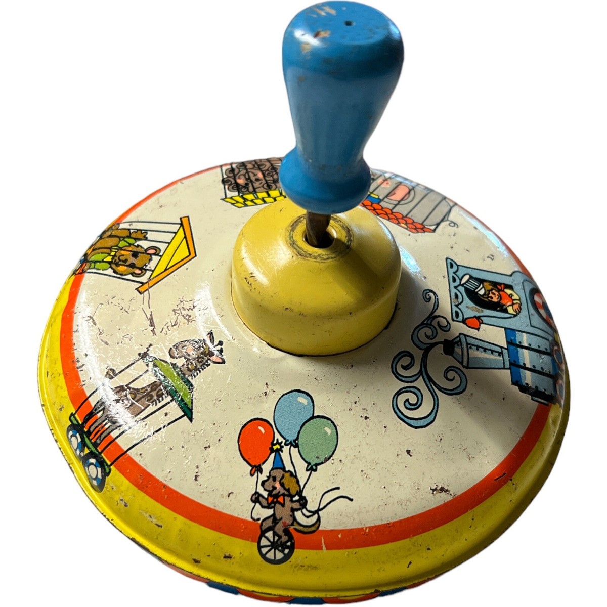 Vintage Ohio Art Tin Toy Spinner - Blue Handle Circus Design Metal