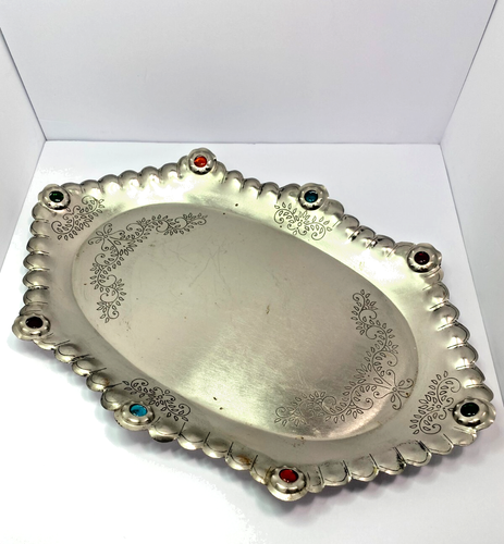 Pier 1 Imports Ornate Metal Tray with Faux Jewels Decorative Boho Glam READ - Picture 6 of 23