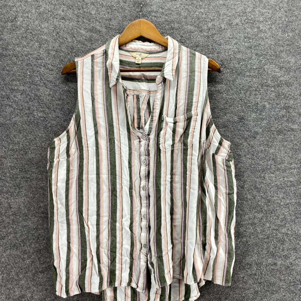 Camisa sin marca para mujer 1X Plus blanca a rayas con cuello abotonado sin mangas informal Foto 3 de 4