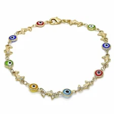 14K GOLD PLATED 10" ANKLET MULTI-COLOR EVIL EYES AND DOLPHINS CONNECTED M367