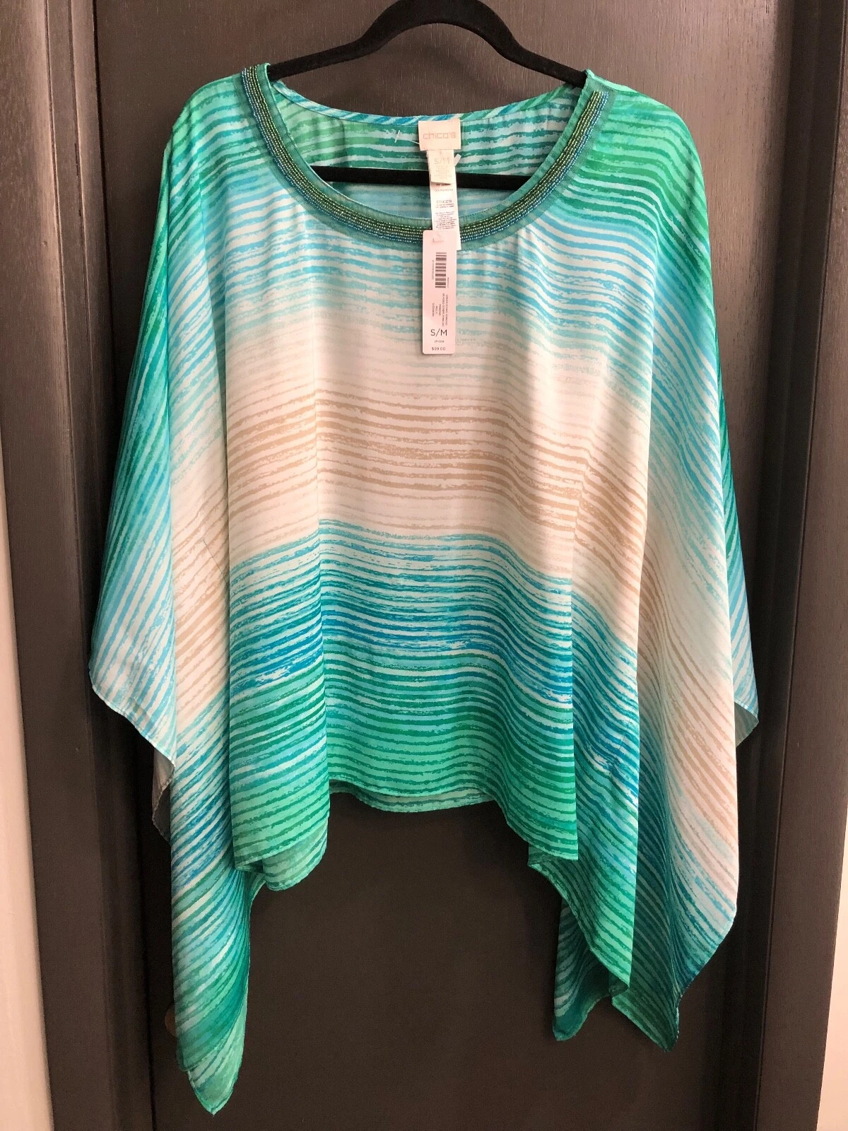 NWT Chico’s Coastal Beachy Green/White/Blue Beaded Neckline Poncho S/M *Stain*