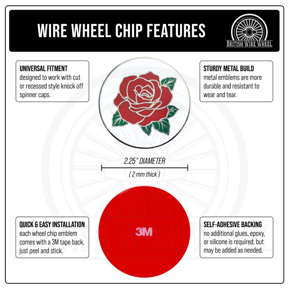 Red Rose Chrome Metal Wheel Chip Emblems with Knock Off Spinner