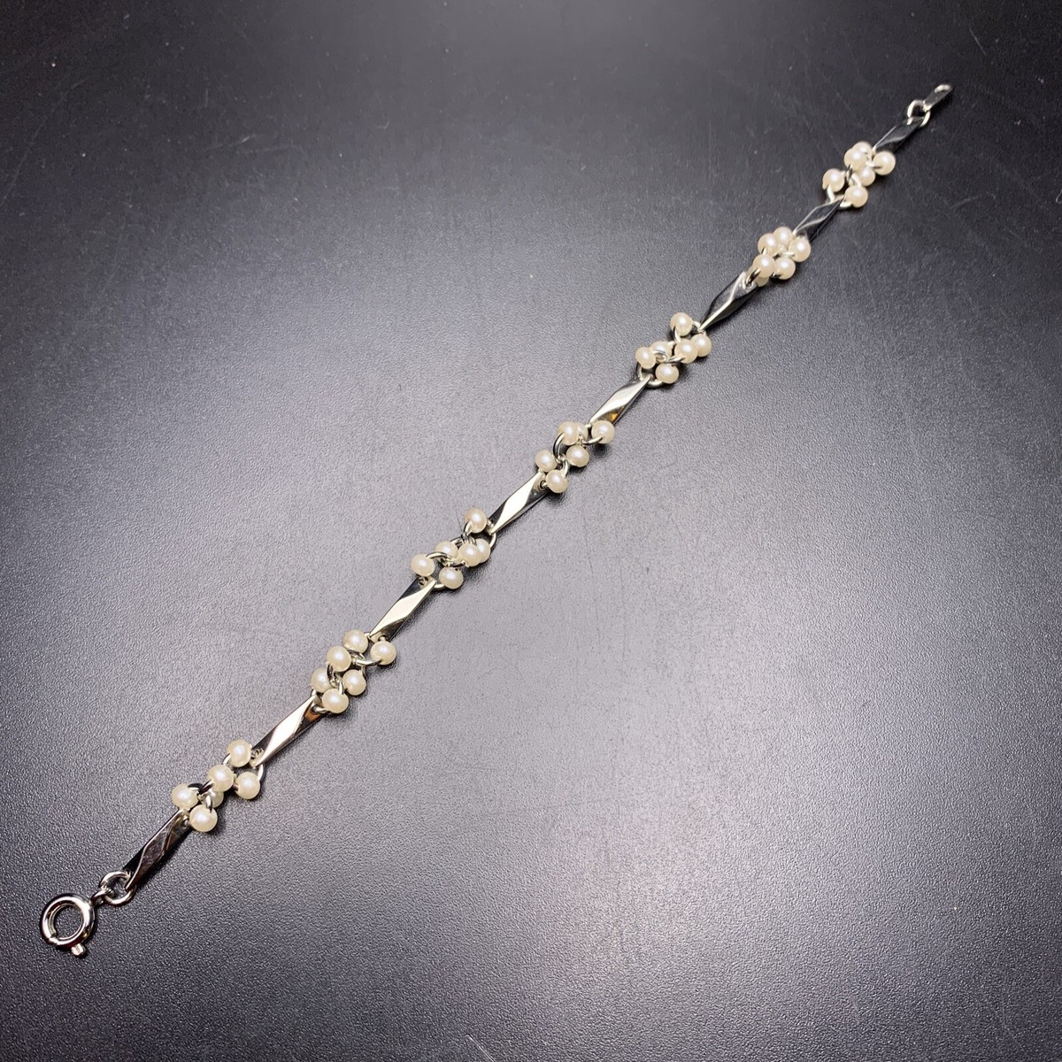 Dainty Faux Pearl Cluster Bracelet Bar Link Silver Tone