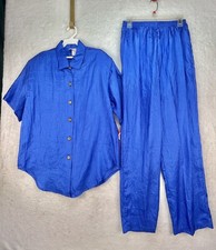 VTG Ronnie Salloway Made In USA Royal Blue Poly/Silk 2 Pc Pants Suit Sz L 3342