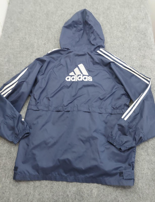 Adidas Jacket Mens Large Hooded Windbreaker Coat Three Stripes Athletic Pullover