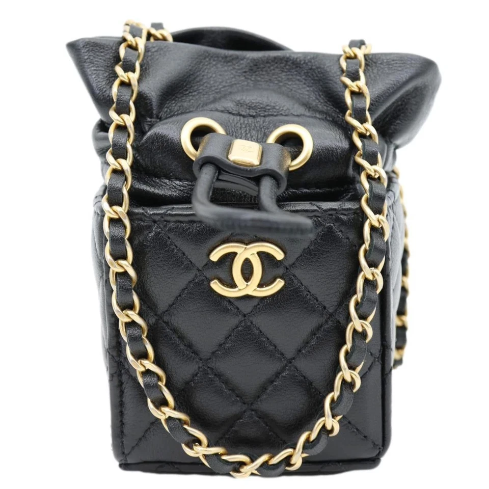 CHANEL Drawstring CC Mini Quilted Leather Bucket Crossbody Bag Black