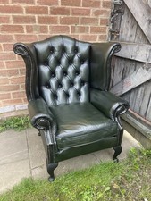 Chesterfield Wingback Chair In Green Leather FREE UK DELIVERY